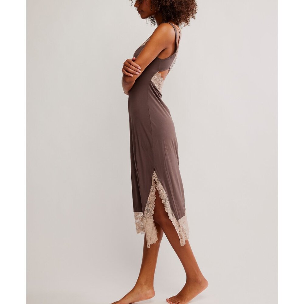 Free People Brown Slip Chemise with Cream Lace Trim - Picture 6 of 9